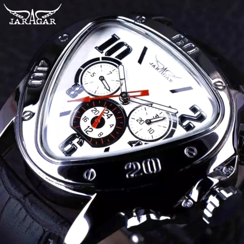 Jaragar Mens  BIG 45mm  Luxury Triangle Watch Genuine Leather Band. Great Gift